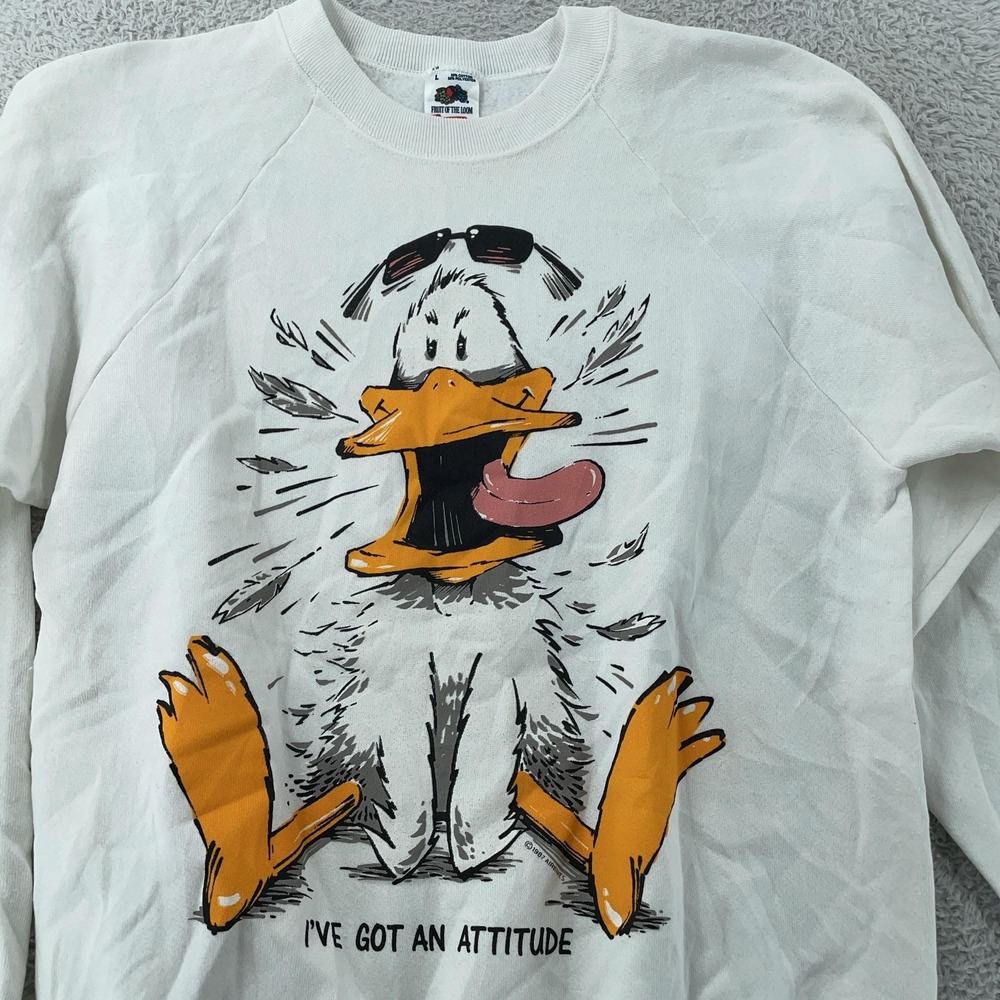 VINTAGE Attitude Duck Graphic Sweatshirt Mens Large White Crewneck Made‎ USA 80s